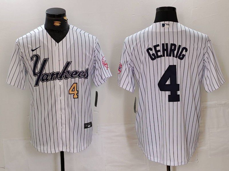 Men New York Yankees #4 Gehrig White stripe Three generations of joint names Nike 2024 MLB Jersey style 2